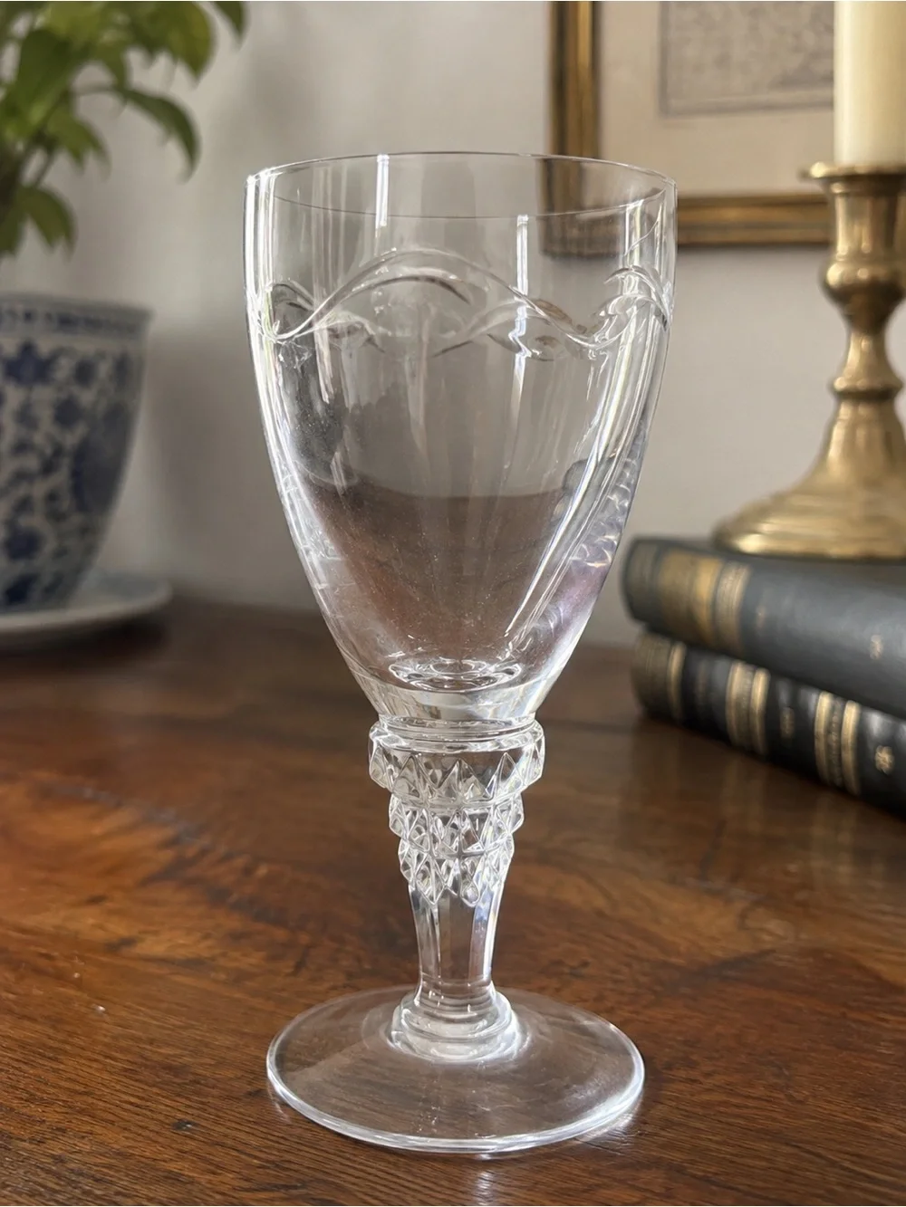 Vintage Clear Etched Crystal Wine Goblets Set of 8 Diamond Stem Scroll Pattern
